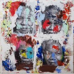 Peinture contemporaine, tableau moderne figuratif, pop art, acrylique et collage sur toile 100x100cm intitulée: Mandela