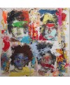 Peinture contemporaine, tableau moderne figuratif, pop art, acrylique et collage sur toile 100x100cm intitulée: Basquiat
