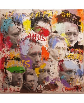 Peinture contemporaine, tableau moderne figuratif, pop art, acrylique et collage sur toile 100x100cm intitulée: Camus
