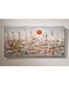 Peinture contemporaine, tableau moderne figuratif, paysage, acrylique et collage sur toile 100x50cm: sur la mer 1.