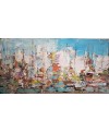 Peinture contemporaine, tableau moderne figuratif, paysage, acrylique et collage sur toile 100x50cm: sur la mer 2.