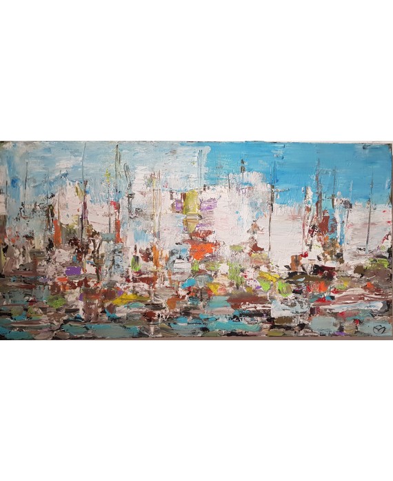 Peinture contemporaine, tableau moderne figuratif, paysage, acrylique et collage sur toile 100x50cm: sur la mer 2.