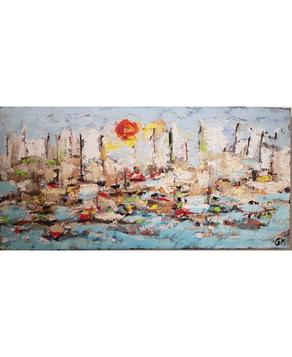 Peinture contemporaine, paysage, tableau moderne figuratif, acrylique et collage sur toile 100x50cm intitulée: sur la mer 4.